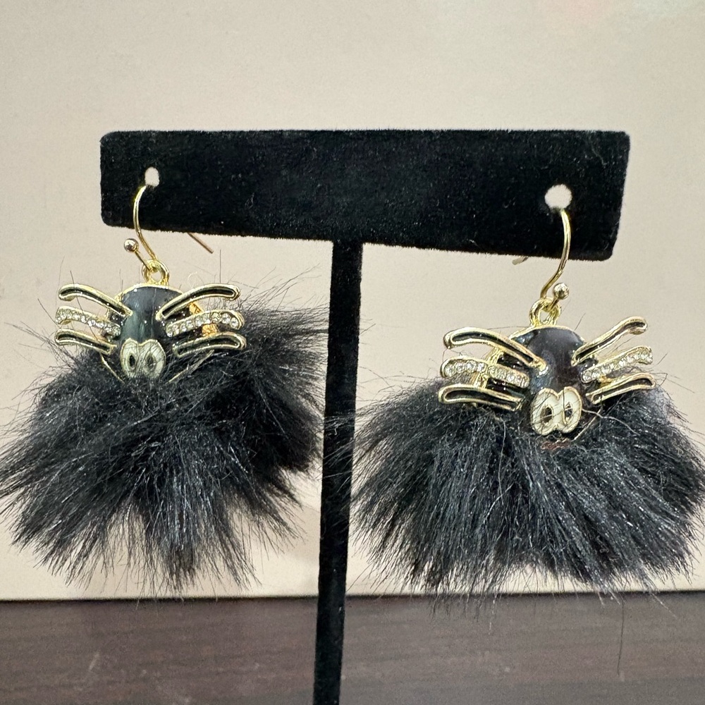 Black and Gold Plush Spider Earrings